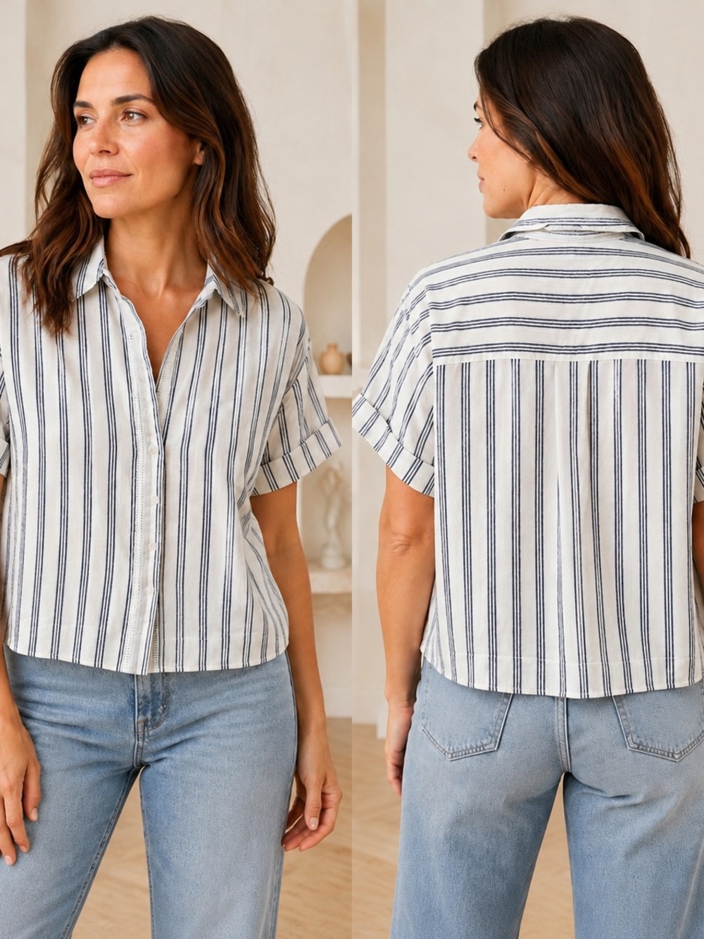 Relaxed Stripe Button-Front Blouse - White & Navy